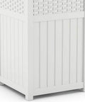 Side view of Hideaway Outdoor Trash Can With Lid 30 Gallon White Decorative Wicker Style Bin Made From Weather Resistant Resin