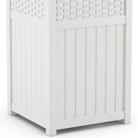 Side view of Hideaway Outdoor Trash Can With Lid 30 Gallon White Decorative Wicker Style Bin Made From Weather Resistant Resin