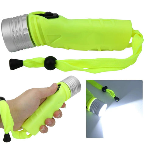 Beefy 4 AA Battery Diving Flashlight With LED Underwater Light, aluminum body, compact dive torch in hand, strap attached, emitting light