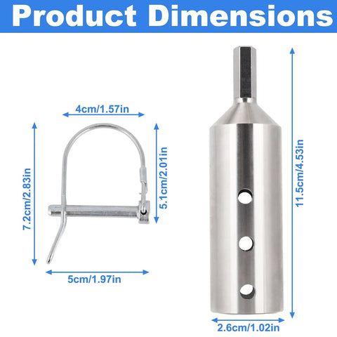 Heavy Duty Trailer Jack Drill Adapter For 1 Inch Drive Shaft Badass Stainless Steel Cordless Drill Conversion Kit with dimensions labeled.