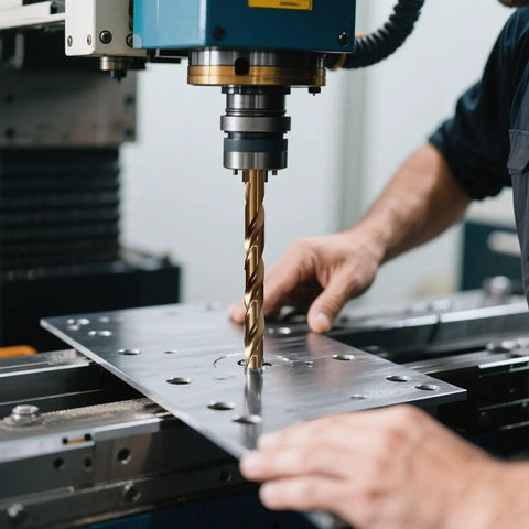 29-Piece M35 Cobalt Drill Bit Set For Steel And Hardened Metals in use on a metal sheet, showing precision and durability in drilling.