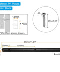 Black Plastic Drawer Slides With 12 Inch Side Mount Guide Rails And Mounting Hardware For Cabinet Or Closet Upgrades, dimensions and screw details.