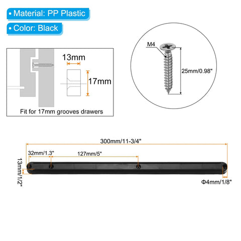 Black Plastic Drawer Slides With 12 Inch Side Mount Guide Rails And Mounting Hardware For Cabinet Or Closet Upgrades, dimensions and screw details.