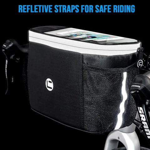 Bike Handlebar Insulated Cooler Bag With Front Phone Pouch And TPU Touch Screen on bicycle with reflective straps