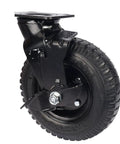 Heavy Duty Eight Inch Pneumatic Rubber Caster With Secure Side Brake and Quick Stem Base for No Sweat Cart Upgrades or Bedroom Furniture Tweaks Rolls Smooth as Butter Always side view showing robust tire and brake mechanism.
