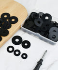 100 Pcs Black Flat Rubber Washers Kit With 5 Sizes 16 18 20 25 30mm displayed with a storage box and tools