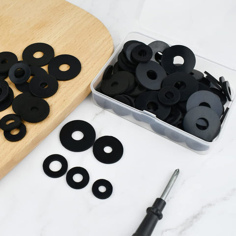 100 Pcs Black Flat Rubber Washers Kit With 5 Sizes 16 18 20 25 30mm displayed with a storage box and tools
