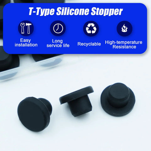 T-Type black silicone stoppers illustrating 24 Pack One Half Inch Silicone Rubber Plugs For Round Holes Waterproof Soft Flexible Stopper 12.5-12.7mm