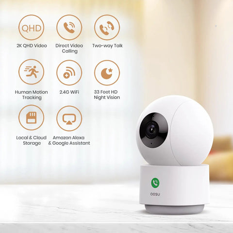 2K Indoor Security Camera With 360 Degree View, Baby Monitor And Pet Camera, One Touch Talk, Smart Motion Tracking, IR Night Vision