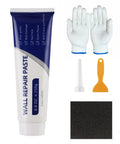 No Mess All In One Drywall Repair Kit With Scraper And Sandpaper, 250g White Wall Repair Paste, nozzle, gloves, scraper, sandpaper visible