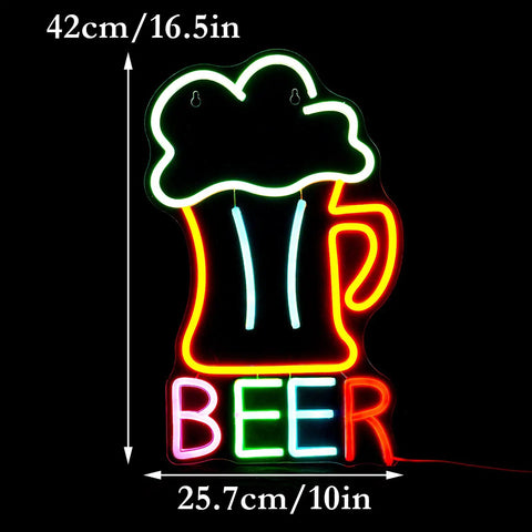 Colorful Beer Mug Neon Sign LED Neon Light for Wall Decor USB Powered 16.5 by 10.1 inch, vibrant LED wall art for bars and homes