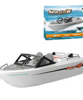 Fast RC Water Kart for Pools And Lakes, 1 to 12 Scale, 2.4G Remote, displayed with packaging. Powerful motors and long-lasting battery.
