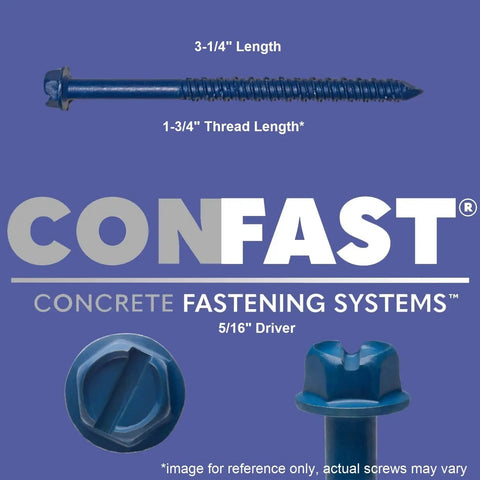 Self-Tapping Concrete Screw Anchor With Drill Bit Included, 1/4 Inch By 3-1/4 Inch Hex Head Fastener For Masonry, Brick And Block, Diamond Point Design For Easy Drive, 100 Per Box shown with length and thread details