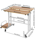 Effortless Folding Standing Desk With Smooth Rolling Casters And Tilted Writing Panels For Total Flex Work From Home Setup Featuring Quick Height Adjustments In Modern Light Walnut And White, dimensions shown.