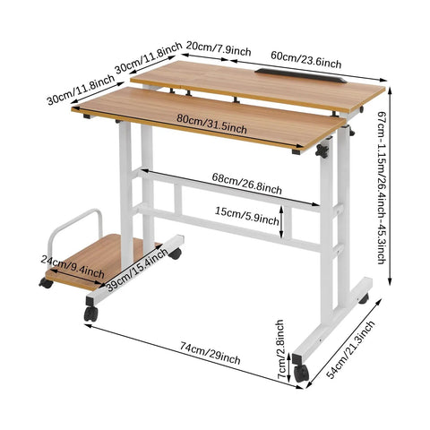 Effortless Folding Standing Desk With Smooth Rolling Casters And Tilted Writing Panels For Total Flex Work From Home Setup Featuring Quick Height Adjustments In Modern Light Walnut And White, dimensions shown.
