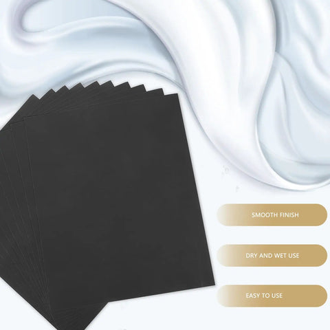Get The Ultimate Multipurpose Sandpaper Set With 10 Sheets Of Assorted Grits Perfect For Smooth Wood Furniture Refinishing And Polishing Auto Surfaces Lightweight Wet Dry Carborundum Paper That Lets You Crush Any DIY Project With Ease. Display of 10 grey sandpaper sheets arranged on a smooth surface, ideal for DIY polishing projects.