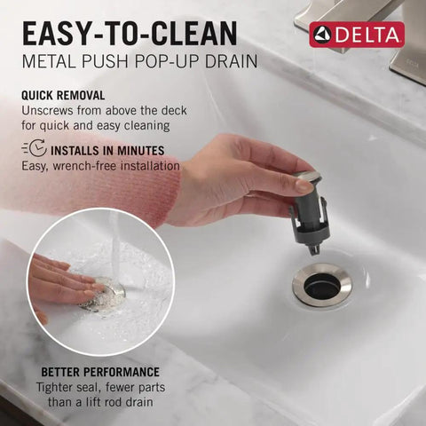 Hand installing Delta push-pop drain in sink for Arvo Brushed Nickel Bathroom Faucet For 1 Hole Vanity Sink, Single Hole Design