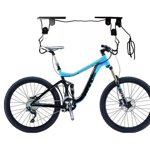 Heavy Duty Ceiling Hoist Pulley System With 60kg Capacity Overhead Bike Rack And Kayak Hanger lifting blue mountain bike