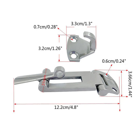 Stainless Steel Spring Loaded Toggle Latch Clip for Cabinets and Drawers with dimensions, Heavy Duty Hasp Clamp.