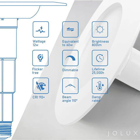 Diagram of Six-Pack 5 or 6 Inch Retrofit LED Recessed Can Lights, including icons for 12W, 60W equivalent, 800 lumens, dimmable, damp rated.