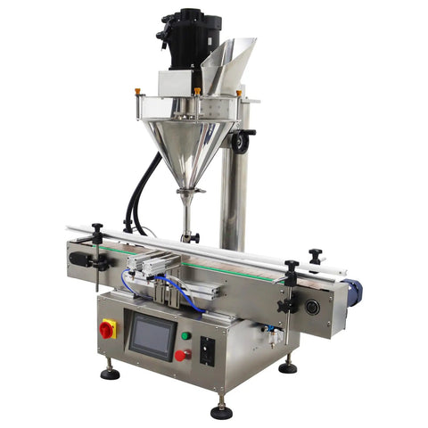 Slick Automatic Desktop Filler For Powders And Granules Featuring Chain Conveyor And Digital Scale 110V with stainless steel design.