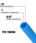 Diagram showing diameter dimensions of blue 1 Inch PEX B Non Oxygen Barrier Flexible Pipe Tubing for Hydronic Radiant Floor Heating.