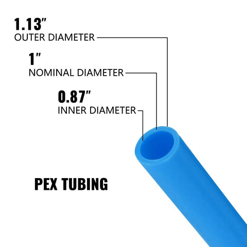Diagram showing diameter dimensions of blue 1 Inch PEX B Non Oxygen Barrier Flexible Pipe Tubing for Hydronic Radiant Floor Heating.