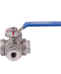 3-Way Ball Valve With L Mounting Pad Stainless Steel 304 Female 1/4 Inch NPT Ports For Water Oil And Gas Vinyl Locking Handle 1000 WOG