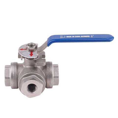 3-Way Ball Valve With L Mounting Pad Stainless Steel 304 Female 1/4 Inch NPT Ports For Water Oil And Gas Vinyl Locking Handle 1000 WOG