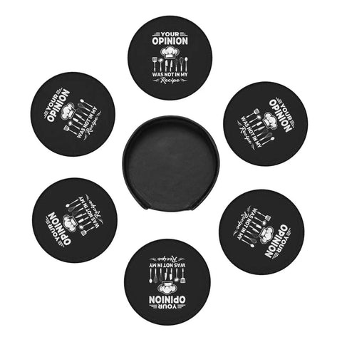 Six Piece Leather Coaster Set With Holder For Drinks Bar Home Office Surface Protection Premium PU Microfiber Leather Drink Coasters With Tray Perfect Decoration And Family Table Guard displayed in black with white text and holder.