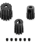 Beefed Up 48DP Metal Pinion Gear Set For One Eighteenth Scale RC Cars With Hardened Steel CNC Machined 14T 10T 9T And Two Point Three Millimeter Shaft Ideal Upgrade For Traxxas LaTrax Teton Rally Desert Prerunner SST And Similar Models showing gears and screws
