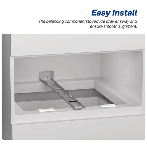 16 Inch Center Mount Drawer Slides 4 Pack Heavy Duty Hidden Rails installed in white drawer cabinet