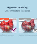Image comparing high color rendering CRI > 90 with strawberries, illustrating benefits of Lit Six-Head Crystal LED Flush Mount Ceiling Light With Remote Control.