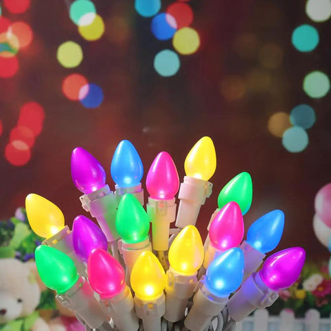 Easter LED String Lights 50 Count Glass C3 Bulbs Multi Color Pastel 120V on white wire with colorful background
