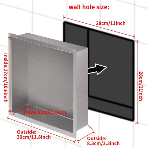 Diagram of Recessed Shower Niche Organizer In Brushed Nickel Stainless Steel, 12 By 12 In, Rustproof 304 Steel, showing dimensions.