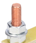 Close-up of Heavy Duty Magnetic Welding Clamp With Insulation Holds Strong At 66lb showing copper bolt and hex nut for secure metalwork.