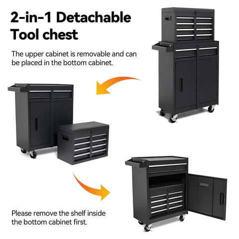 5 Drawer Rolling Tool Chest With High Capacity Adjustable Shelf Lockable Drawers Detachable 2 In 1 Mechanic Tool Box Storage Cabinet On Wheels For Garage Workshop Warehouse And Repair Shop, showing detachable sections and open drawers.