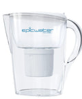 Pure Filter Water Pitcher For Refrigerator 10 Cup Capacity With 150 Gallon Filter Tritan BPA Free Removes Fluoride Chlorine Lead And Forever Chemicals Easy Pour And Fridge Shelf Friendly, clear pitcher with white lid and filter