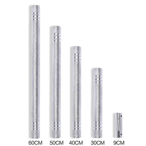 Set of steel connectors in multiple sizes for converting dumbbells into a barbell, slip-proof grip, for home workouts and strength training.