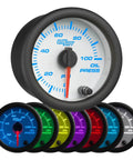 GlowShift oil pressure gauge kit, front view with white dial; 52mm (2-1/16"), multicolor display; set of eight gauges shown.
