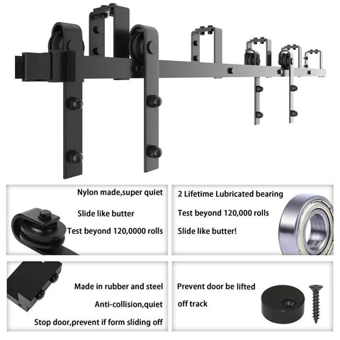Heavy Duty Metal Sliding Barn Door Hardware Kit For Bypass Systems, 4Ft To 16Ft Rail, Wall Mount Bracket For Double Wooden Doors, Frosted Black Carbon Steel, Fireproof, Waterproof, Rustproof, Easy Install