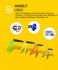 Six Pack Hydraulic Seal Installation Tools Set with Four Size U Cup Seal Installers and Upgraded Twistor Handle against yellow background