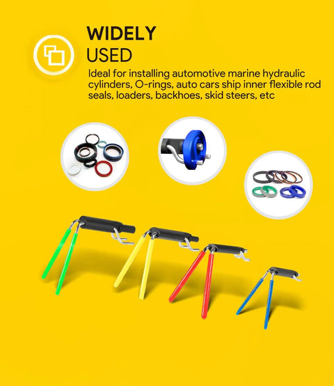 Six Pack Hydraulic Seal Installation Tools Set with Four Size U Cup Seal Installers and Upgraded Twistor Handle against yellow background