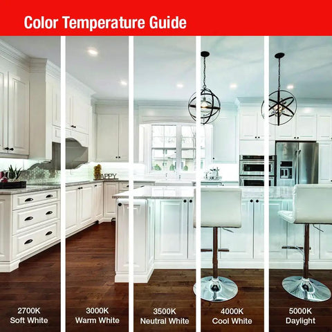 Color temperature guide in kitchen showing 2700K to 5000K effects for 4 Inch LED Recessed Downlight Wafer Slim Ultra Thin 5 In 1 Color Temperature 120V Matte White Flat Trim 90CRI Ceiling Light No Housings Needed For Easy Remodel Or New Construction. Image depicts lighting variations on five kitchen zones.