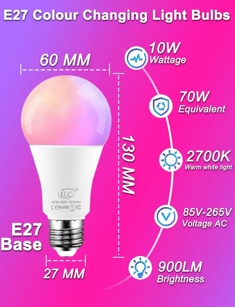 Lit Color Changing LED Light Bulbs 70W Equivalent A19 Base, RGBW Dimmable With 12 Color Options, Warm White 2700K, size details