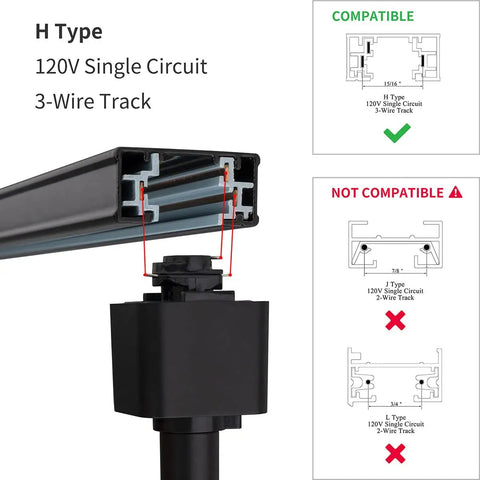 H Type Track Lighting Head To E26 Medium Screw Base Adapter Light Direction Adjustable Black, compatible H-track diagram