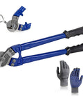 18 Inch Heavy Duty Wire Rope Cutter With Ergonomic Handle Design Beefy Blades For Clean Cuts Up To Five Sixteenth Inch Soft Copper And Aluminum Cables Or One Quarter Inch Hard Steel Cable And Stainless Wire, showing cutter with spare parts and gloves
