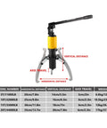 Heavy Duty Hydraulic Gear Puller And Wheel Bearing Splitter Bidirectional 20 Ton Manual Pulling Tool with measurement guide.
