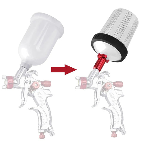Pro Grade Mini HVLP Sprayer Kit With 1.0mm Nozzle, shows change from white to red disposable cup attachment