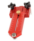 Extended Thin Rip Jig for table saws, band saws, and router tables, red aluminum with roller bearing, 0.75 x 0.375 inch slots.